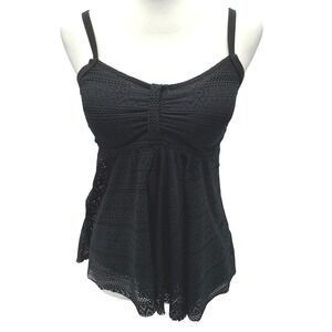 CHARMLEAKS Medium Black Crochet Lace Babydoll Boho Lined Padded Tankini Top Swim